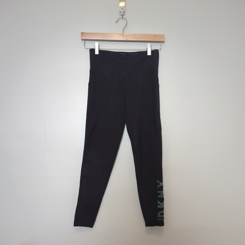 DKNY Black Leggings With Green Logo